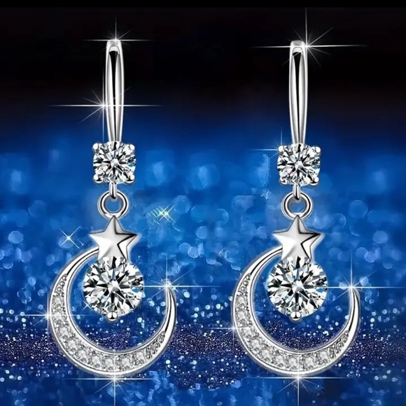 Star, Moon, Celestial Astrology, Crescent Moon Silver tone Dangle Earrings - Picture 2 of 5